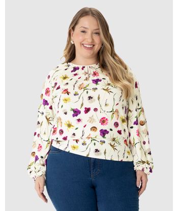 Blusa Feminina Plus Size Decote Detalhe Vazado Em Malha Viscolinho Stretch