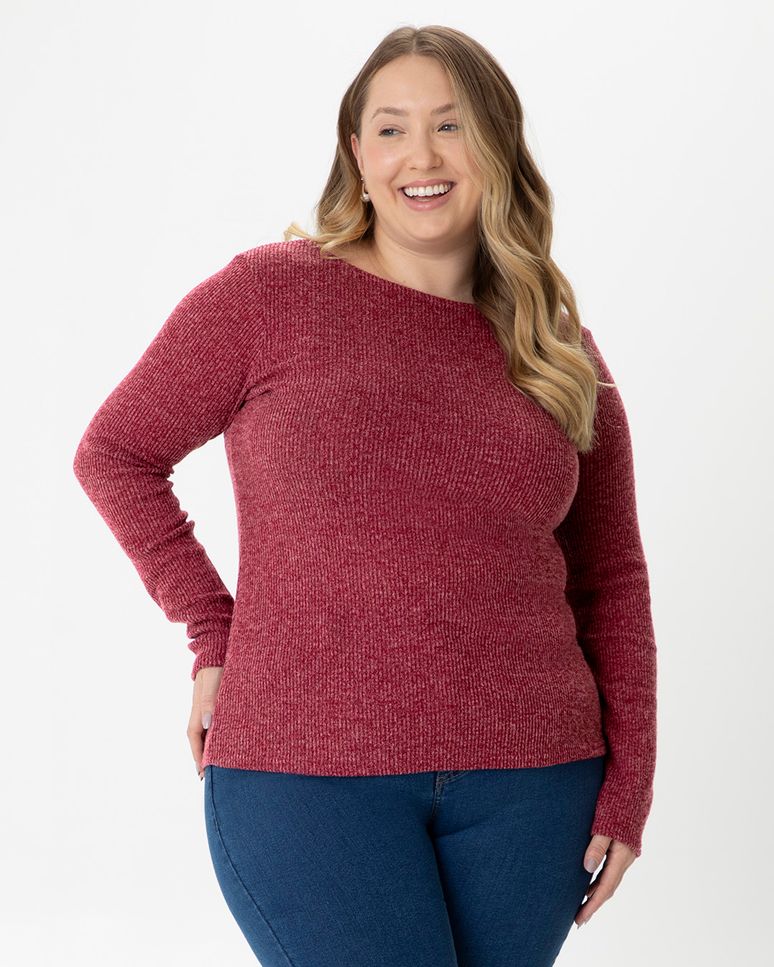 Blusa Feminina Plus Size Decote Canoa Em Tricô Rajado Flanelado