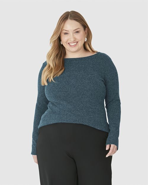 Blusa Feminina Plus Size Decote Canoa Em Tricô Rajado Flanelado