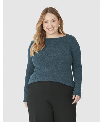 Blusa Feminina Plus Size Decote Canoa Em Tricô Rajado Flanelado