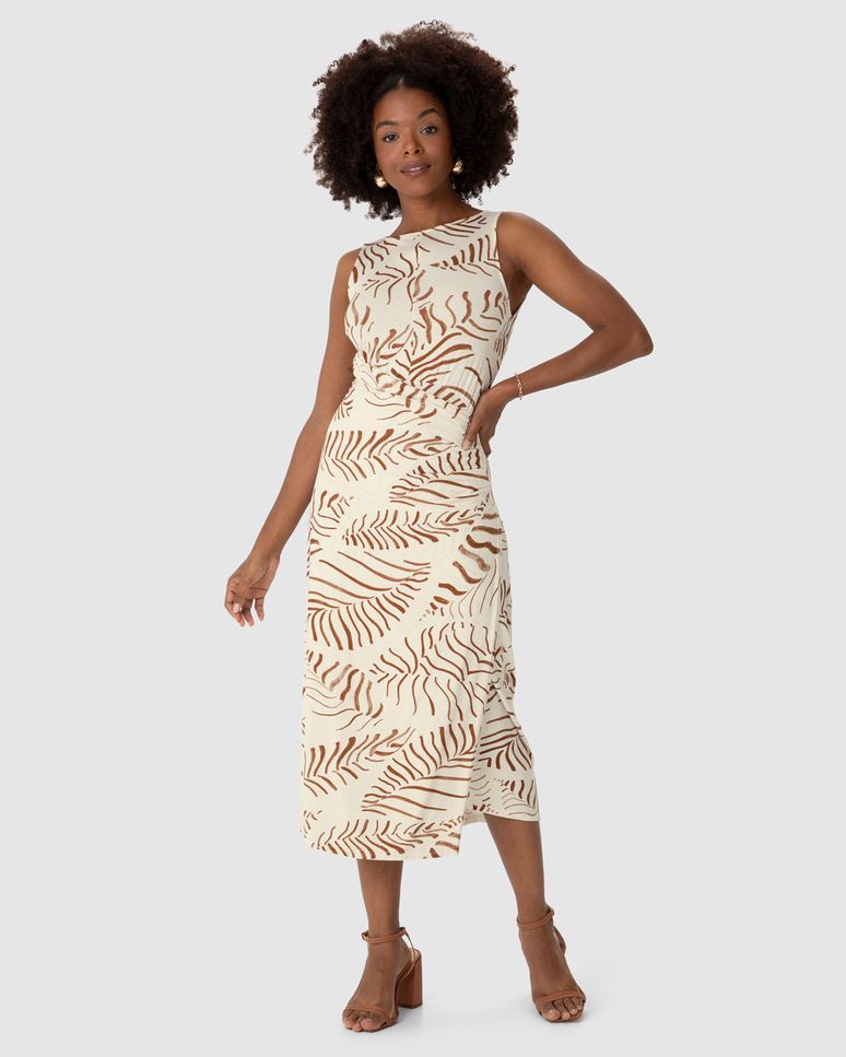 Vestido Midi Feminino Pregas Laterais Em Malha Viscolinho Stretch