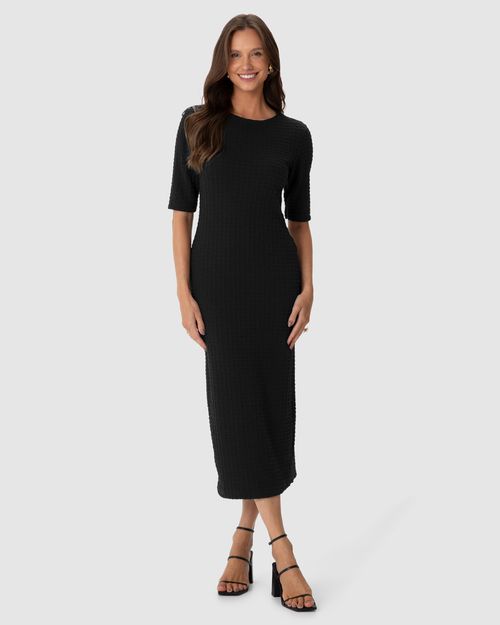 Vestido Midi Feminino Justo Decote Canoa Em Jacquard Texturizado