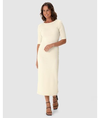 Vestido Midi Feminino Justo Decote Canoa Em Jacquard Texturizado