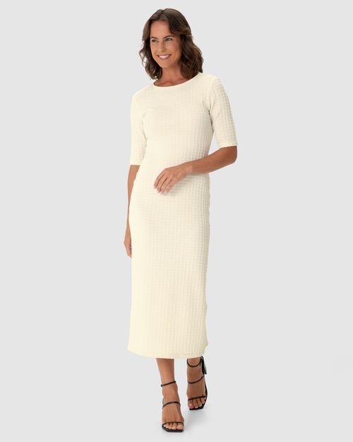 Vestido Midi Feminino Justo Decote Canoa Em Jacquard Texturizado