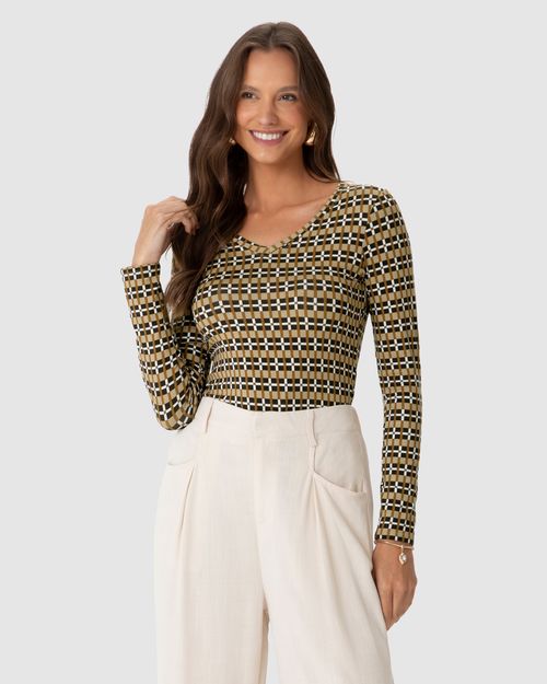 Blusa Justa Feminina Decote V Estampada Em Viscose Stretch