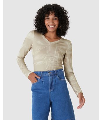 Blusa Justa Feminina Decote V Estampada Em Viscose Stretch
