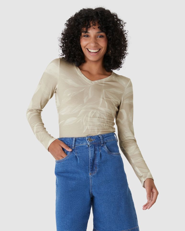 Blusa Justa Feminina Decote V Estampada Em Viscose Stretch