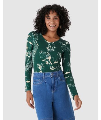 Blusa Justa Feminina Decote V Estampada Em Viscose Stretch