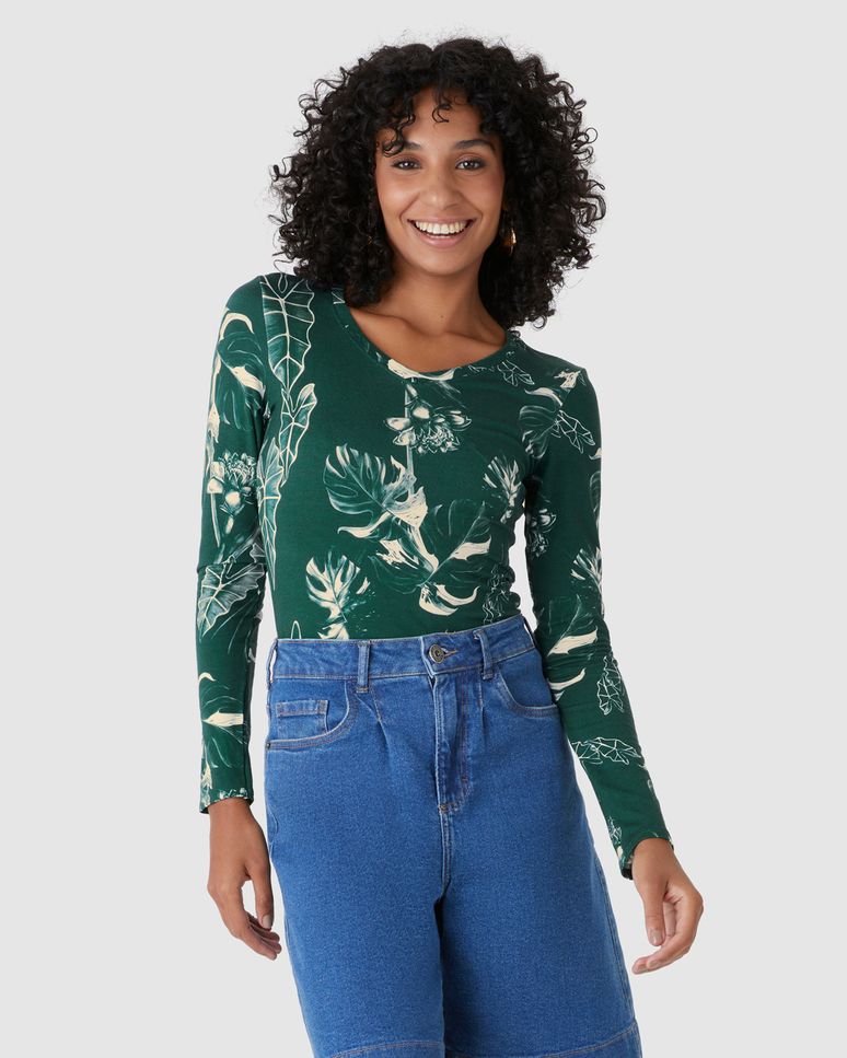 Blusa Justa Feminina Decote V Estampada Em Viscose Stretch