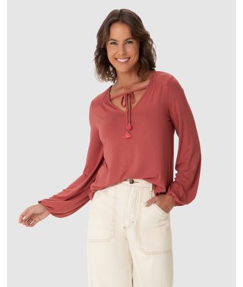 Blusa Feminina Amarração No Decote Em Malha Viscolinho Stretch