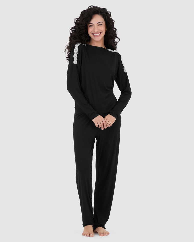 Pijama Feminino Blusa Ombro Com Detalhe Renda Em Viscose Stretch