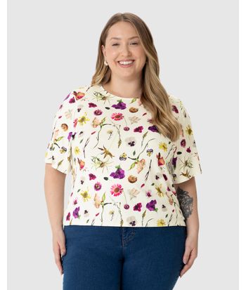 Blusa Feminina Plus Size Boxy Estampada Em Malha Viscolinho Stretch