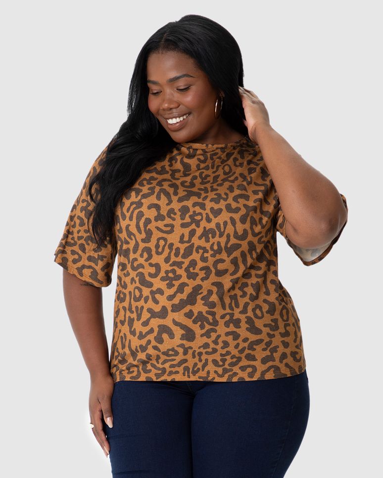 Blusa Feminina Plus Size Boxy Estampada Em Malha Viscolinho Stretch