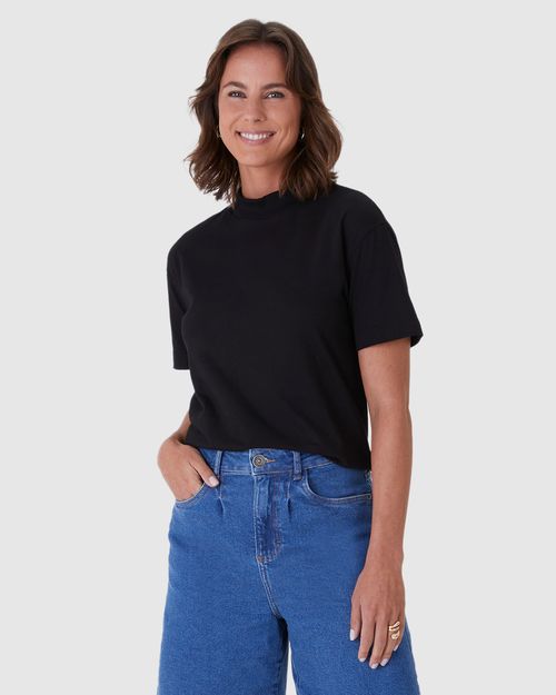 Blusa Básica Feminina Gola Alta Manga Curta Em Algodão