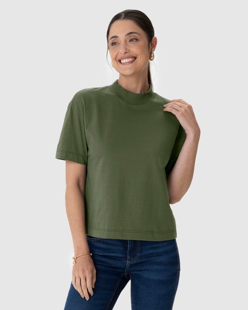 Blusa Básica Feminina Gola Alta Manga Curta Em Algodão