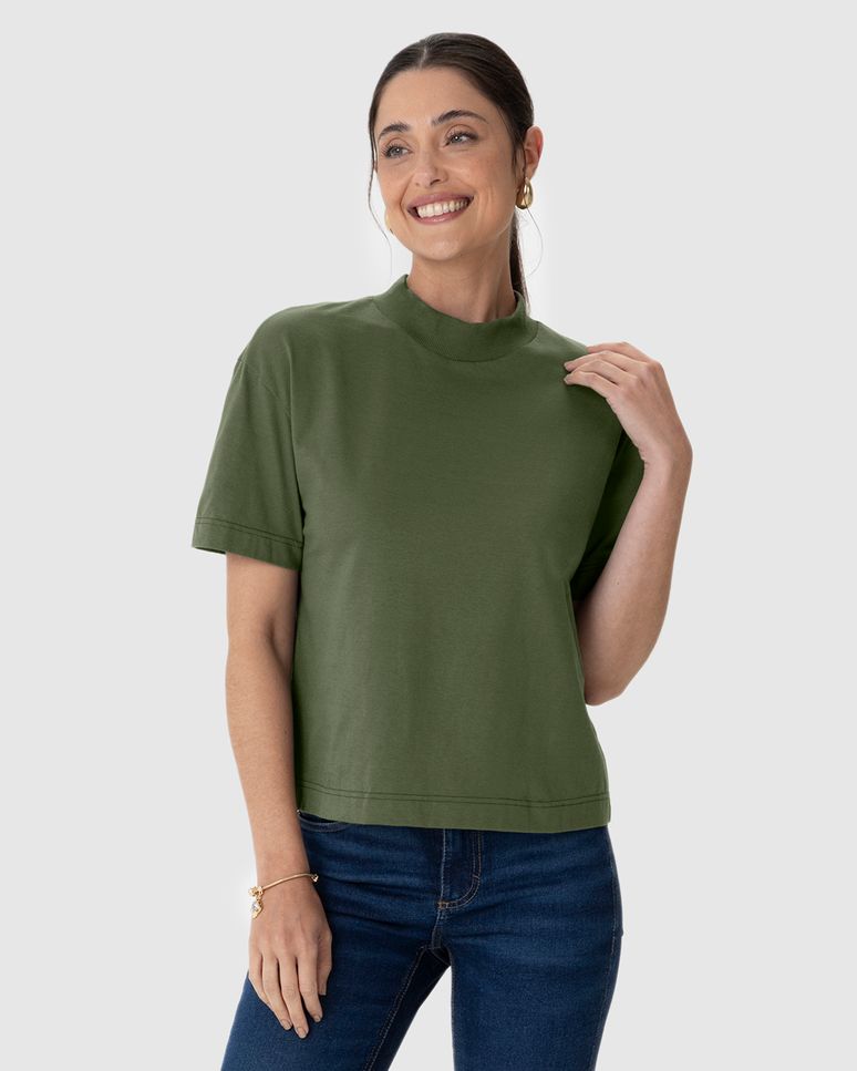 Blusa Básica Feminina Gola Alta Manga Curta Em Algodão