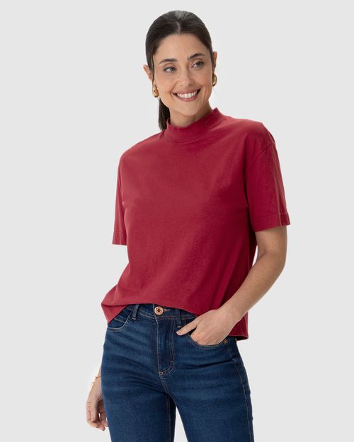 Blusa Básica Feminina Gola Alta Manga Curta Em Algodão