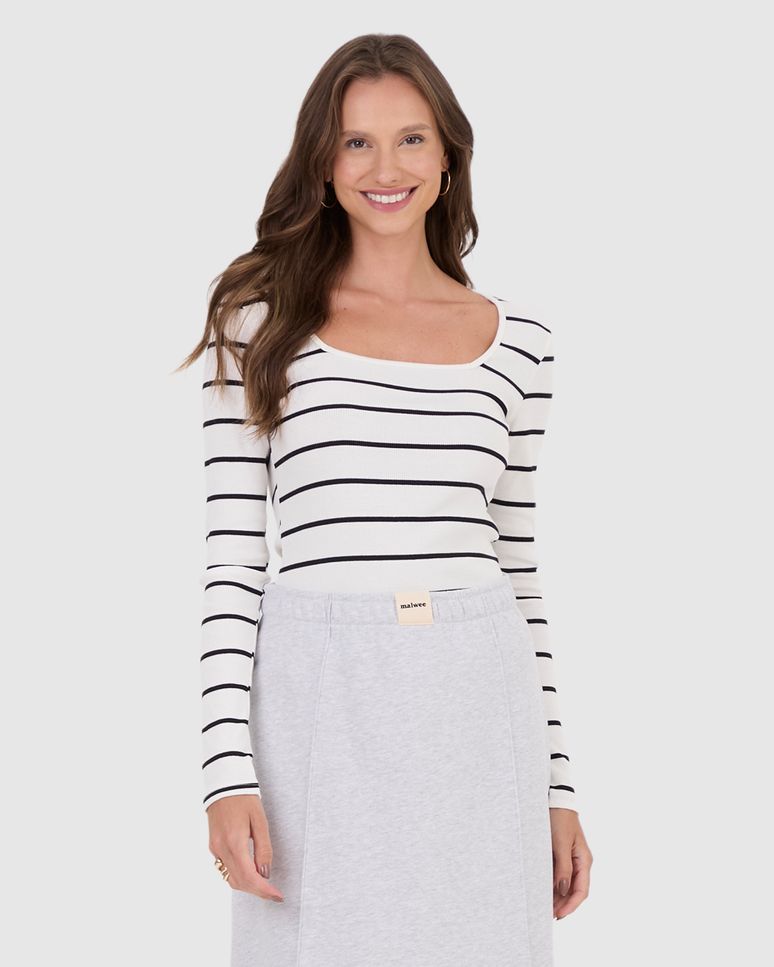 Blusa Feminina Justa Decote Quadrado Em Ribana Listrada