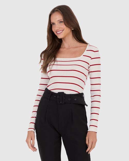 Blusa Feminina Justa Decote Quadrado Em Ribana Listrada