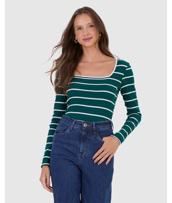Blusa Feminina Justa Decote Quadrado Em Ribana Listrada