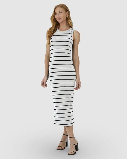 Vestido Midi Feminino Justo Em Ribana Listrada