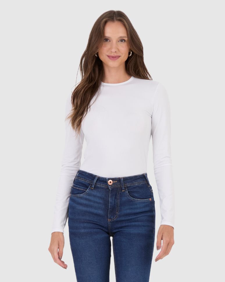 Blusa Básica Feminina Decote Redondo Manga Longa Em Malha Térmica