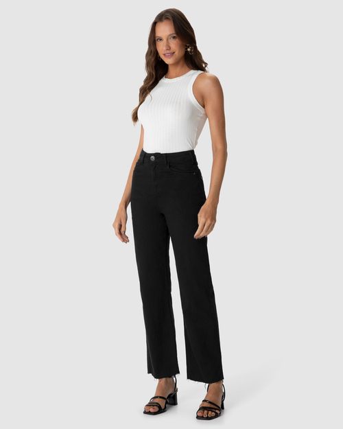 Calça Straight Cropped Feminina Cintura Alta Em Sarja Com Elastano
