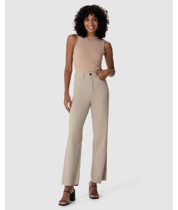 Calça Straight Cropped Feminina Cintura Alta Em Sarja Com Elastano