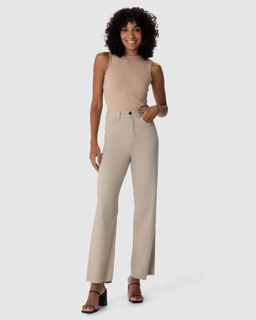 Calça Straight Cropped Feminina Cintura Alta Em Sarja Com Elastano