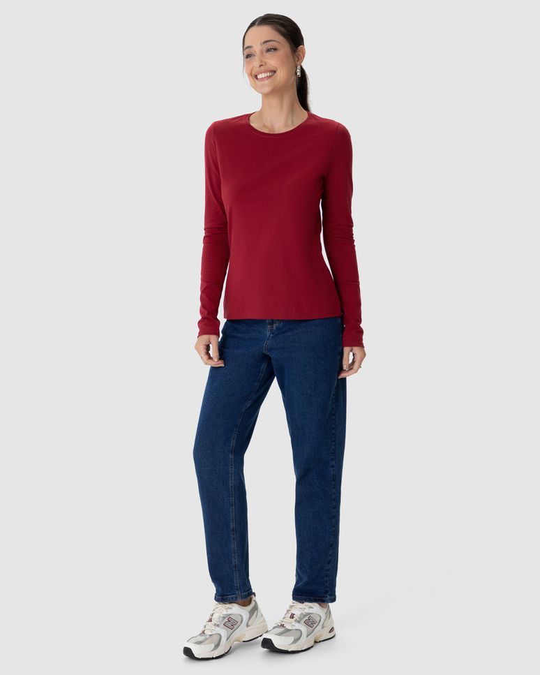 Blusa Básica Feminina Decote Redondo Manga Longa Em Algodão