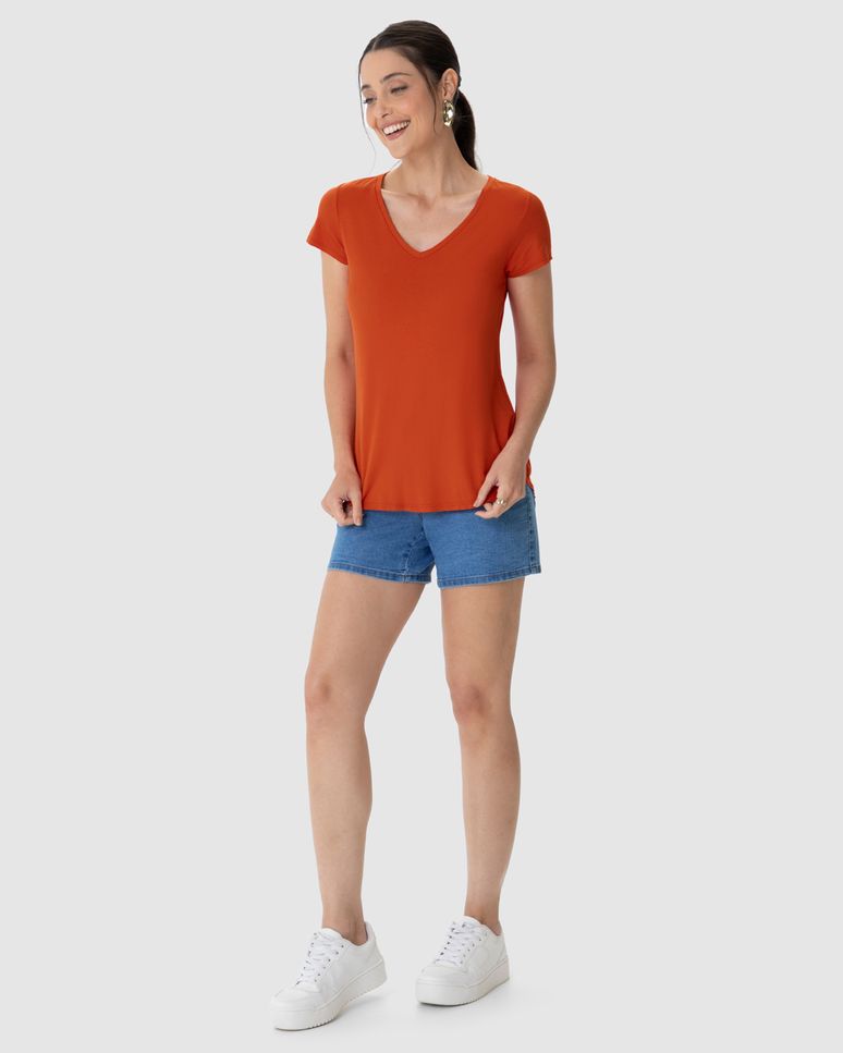 Blusa Básica Feminina Mullet Decote V Em Viscose Stretch