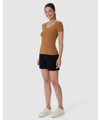 Blusa Básica Feminina Manga Curta Em Canelado De Viscose