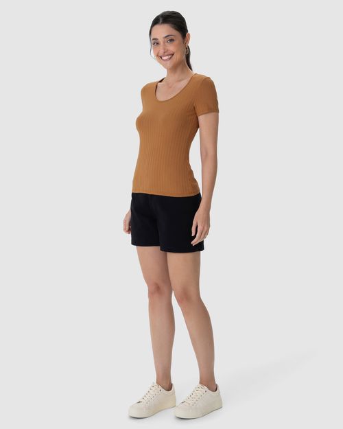 Blusa Básica Feminina Manga Curta Em Canelado De Viscose