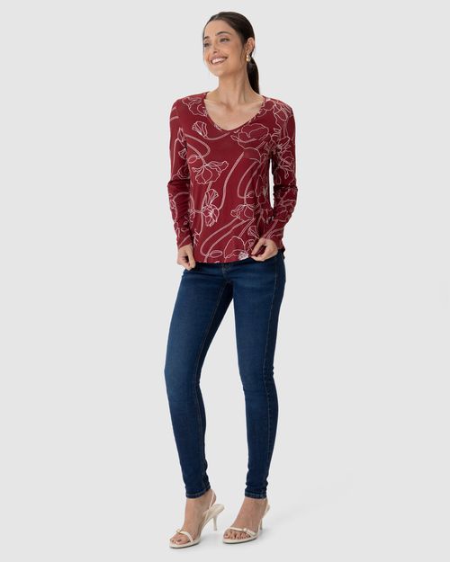 Blusa Feminina Decote V Bolso Funcional Estampada Em Viscose Stretch