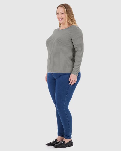 Blusa Básica Feminina Plus Size Manga Longa Em Canelado De Viscose
