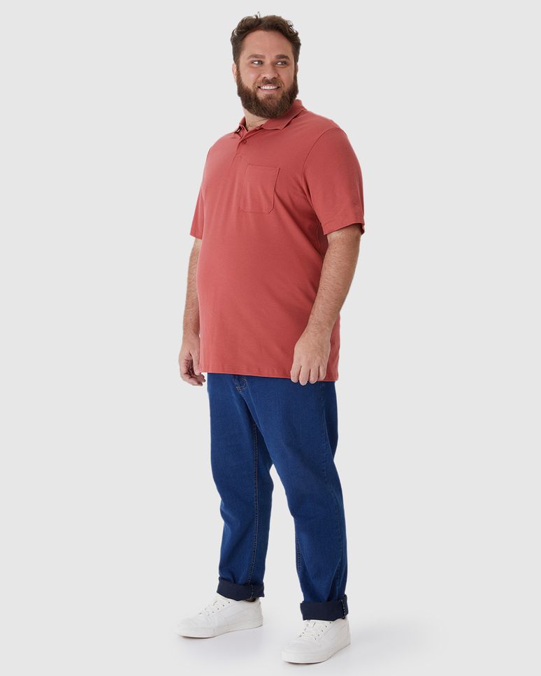 Camisa Polo Básica Masculina Plus Size Bolso Frontal Em Piquet Stretch