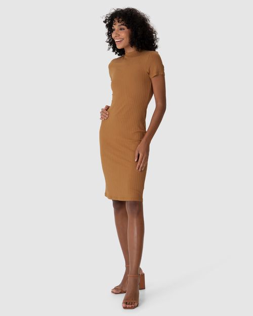 Vestido Básico Feminino Gola Alta Em Malha Canelada De Viscose