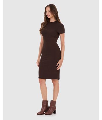 Vestido Básico Feminino Gola Alta Em Malha Canelada De Viscose