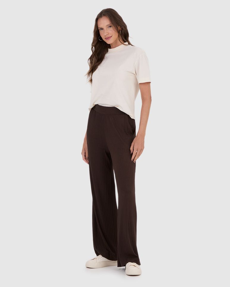 Calça Wide Leg Feminina Cintura Alta Em Malha Canelada De Viscose