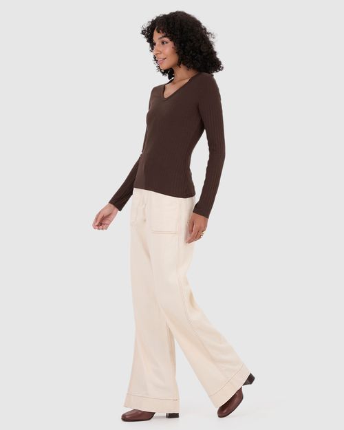 Blusa Básica Feminina Decote V Manga Longa Em Malha Canelada De Viscose