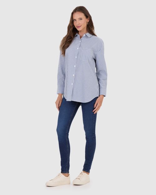 Camisa Ampla Feminina Listrada Bolso Frontal Em Algodão
