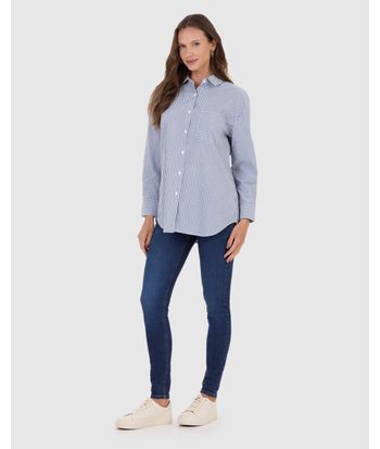 Camisa Ampla Feminina Listrada Bolso Frontal Em Algodão