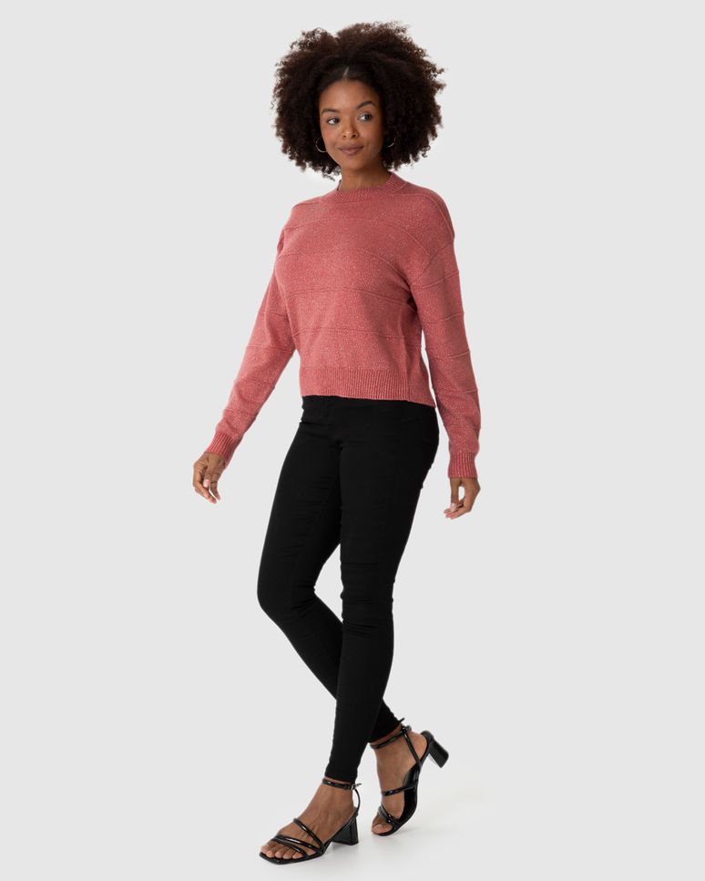 Suéter Feminino Manga Longa Relevo Listras Em Tricô