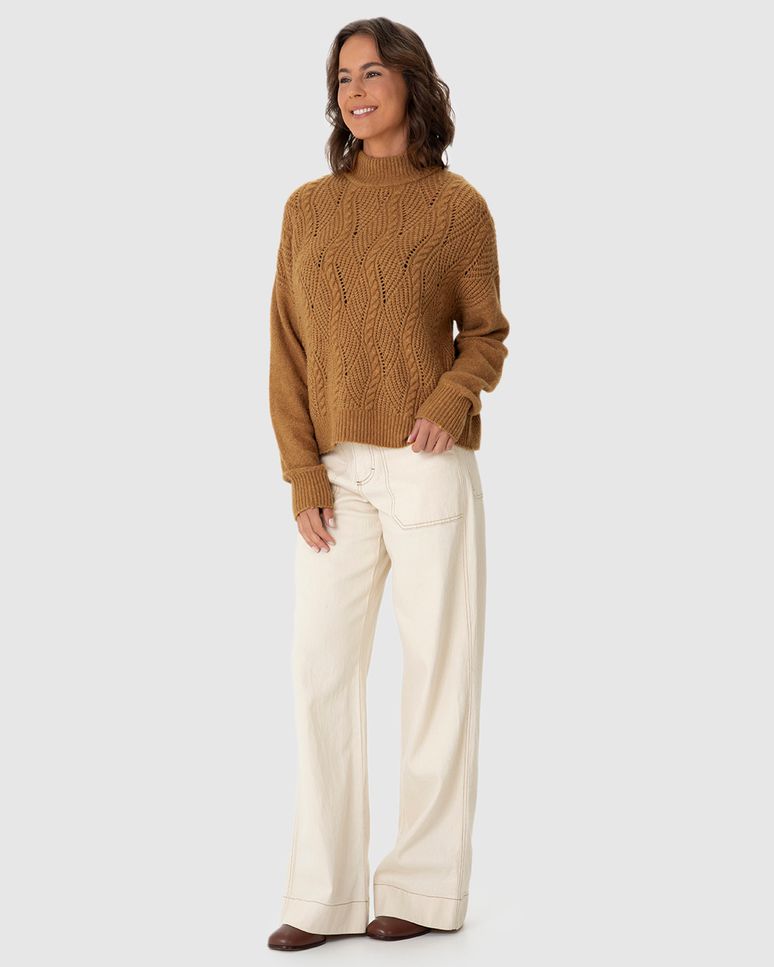 Suéter Feminino Manga Longa Cava Deslocada Em Tricô