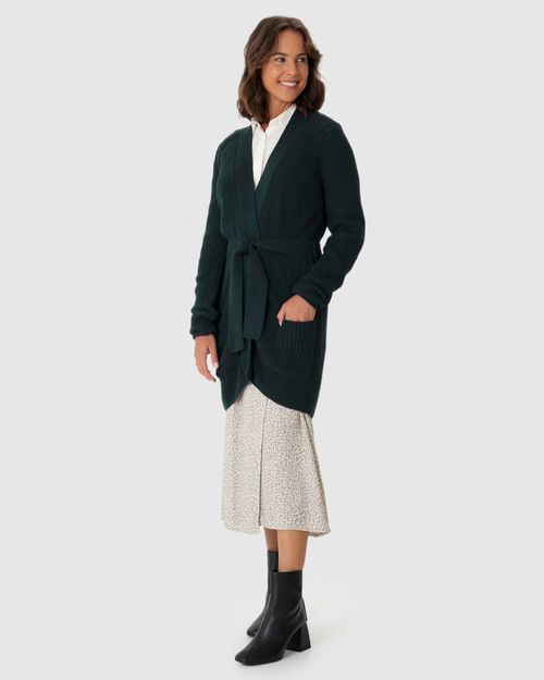 Cardigan Feminino Transpassado Com Cinto Em Tricô