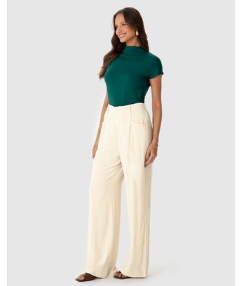 Calça Feminina Pantalona Bolso Frontal Em Viscolinho
