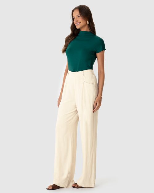 Calça Feminina Pantalona Bolso Frontal Em Viscolinho
