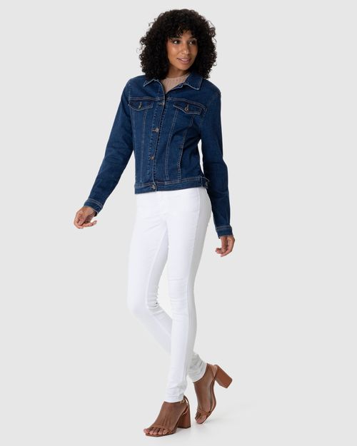 Jaqueta Feminina Lapela Decorativa Em Jeans Com Elastano