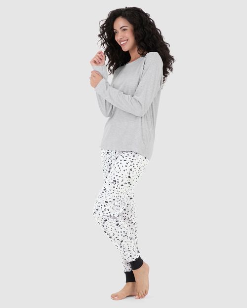 Pijama Feminino Blusa Manga Longa E Calça Estampada Em Algodão