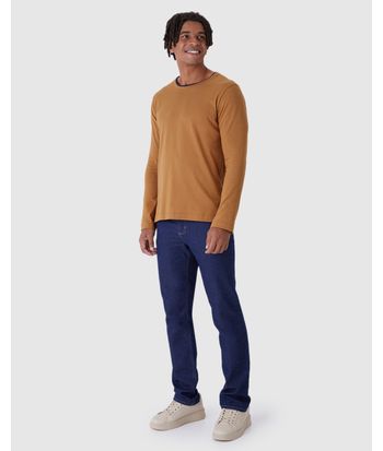Camiseta Masculina Gola Contraste Manga Longa Em Malha Comfy Touch